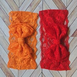 Set of 2 Wide Lace Bow Headbands Orange & Red Stretch Hairband Handmade Bundle